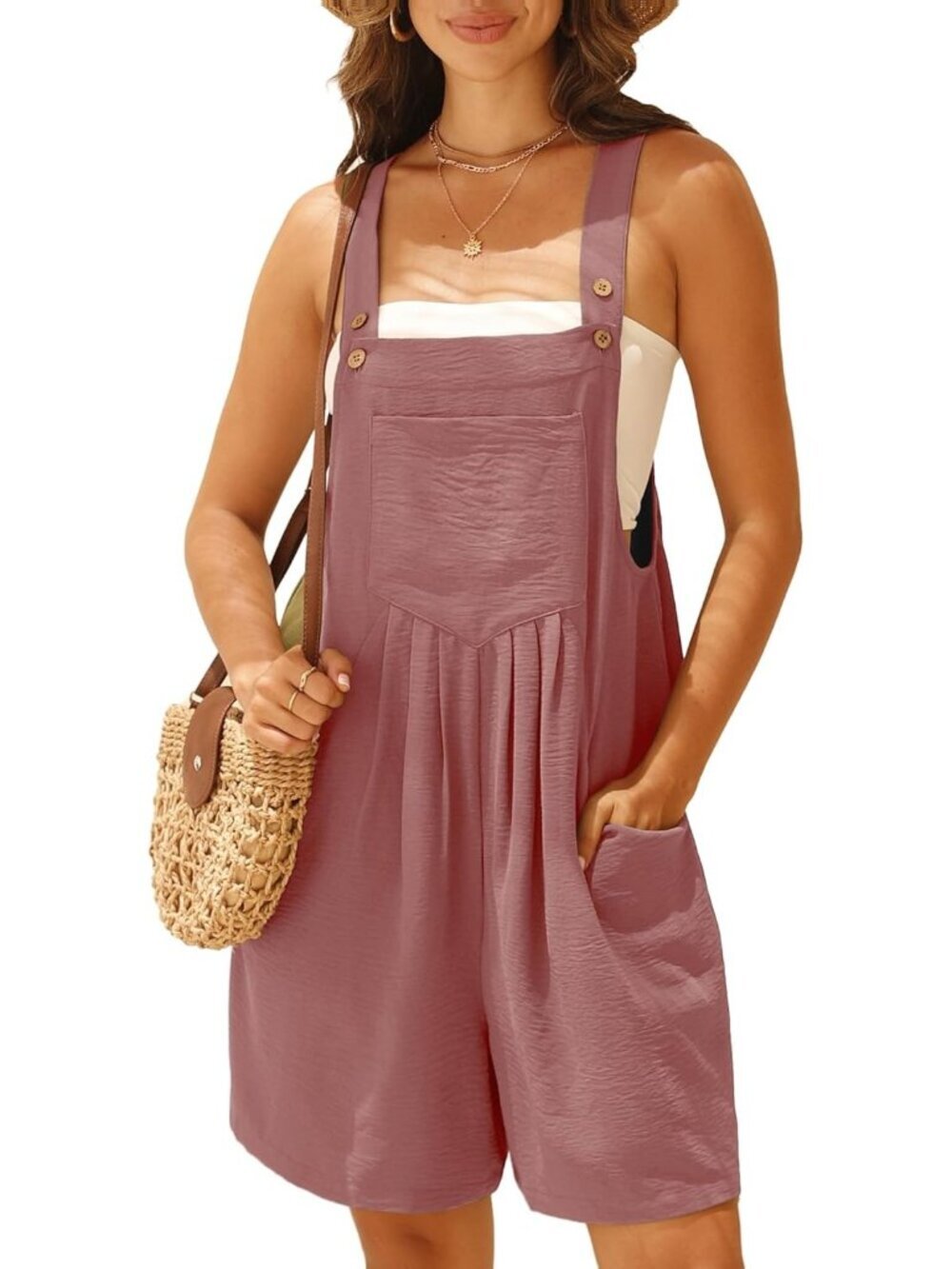 Women's Rust Red Rompers Summer Wide Leg Shorts Overalls Adjustable Strap Bib